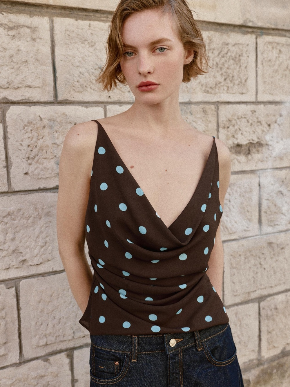 Zara Brown Tank Top with Light Blue Polka Dots